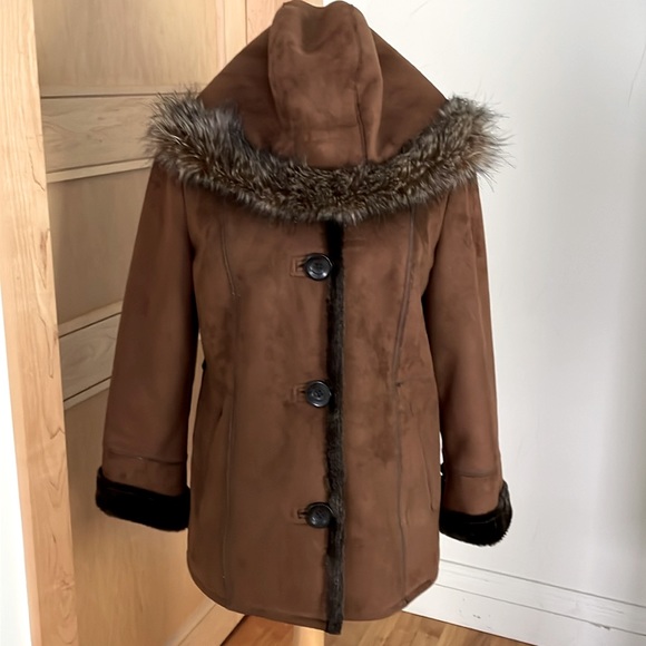 Vintage Tower by London Fog Brown Faux Suede Faux Fur Hooded Coat, Size S - Picture 7 of 16